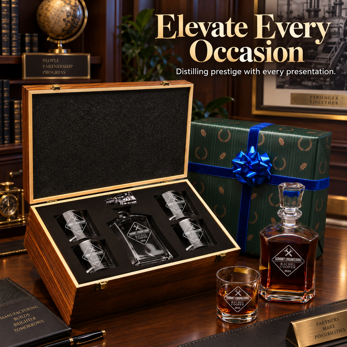 Manufacturing Company Gifts – Slick Decanter Set with 4 Glasses & Wooden Box – image 12