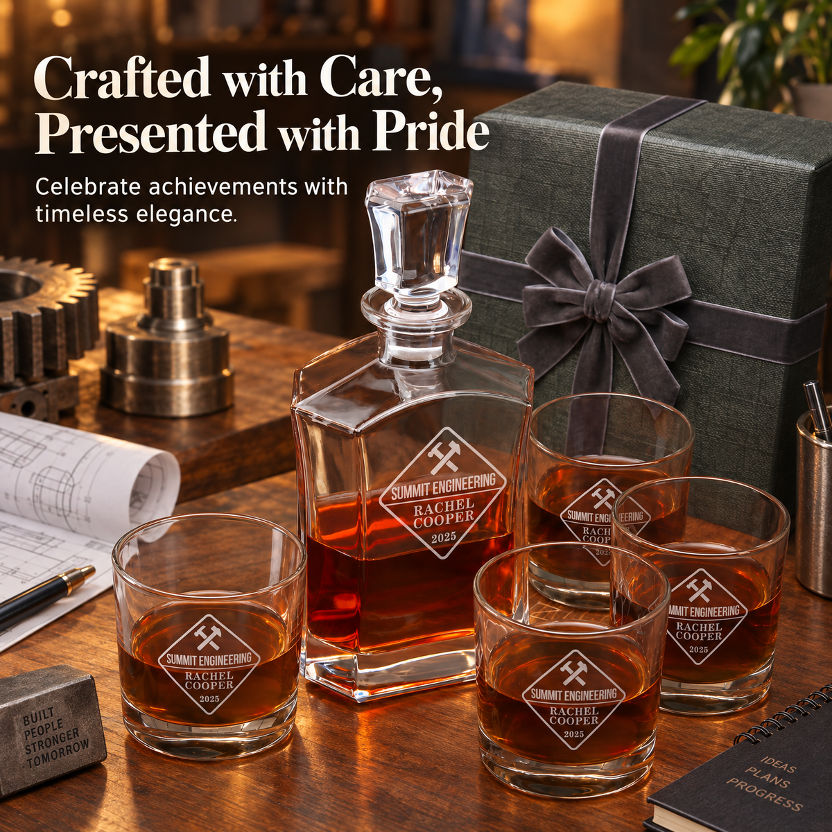 Manufacturing Company Gifts – Slick Decanter Set with 4 Glasses & Wooden Box – image 14