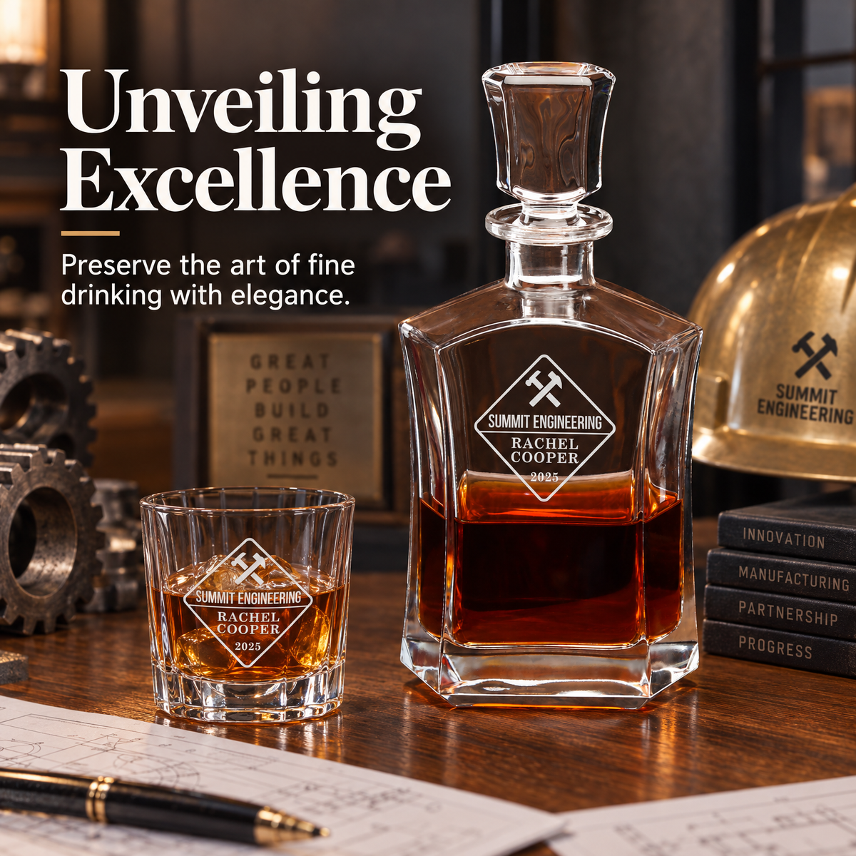 Manufacturing Company Gifts – Slick Decanter Set with 4 Glasses & Wooden Box – image 16