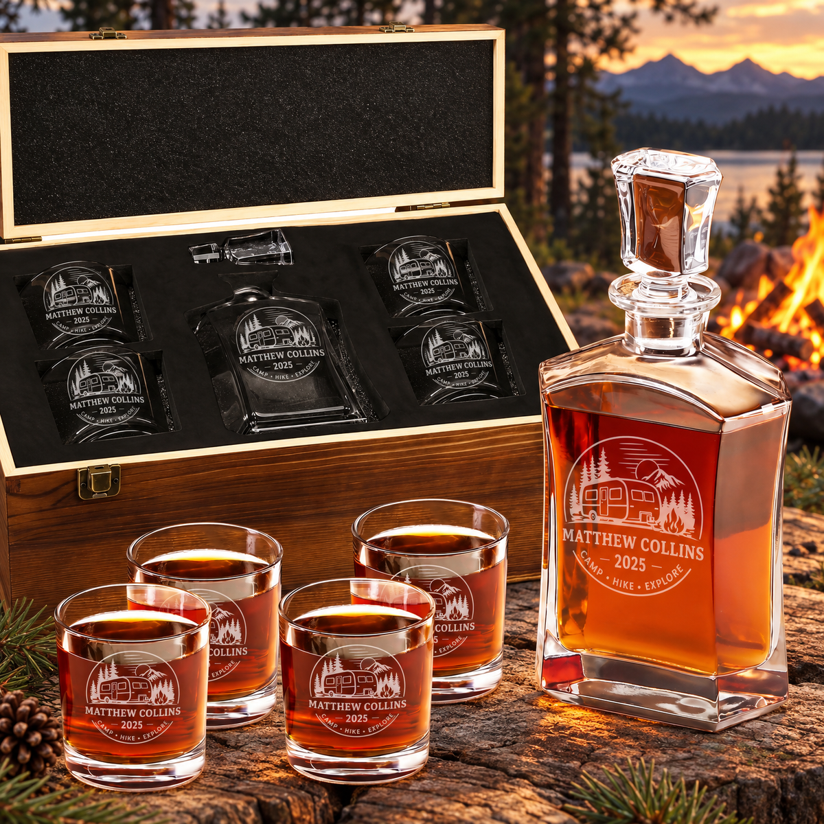 Gift for Outdoorsmen – Slick Decanter Set with 4 Glasses & Wooden Box – image 01