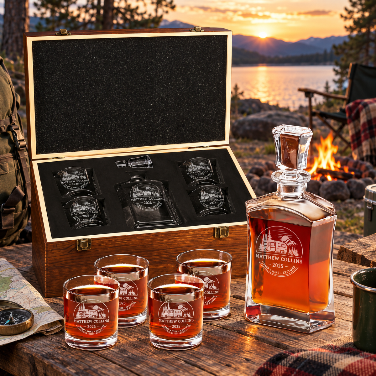 Gift for Outdoorsmen – Slick Decanter Set with 4 Glasses & Wooden Box – image 10