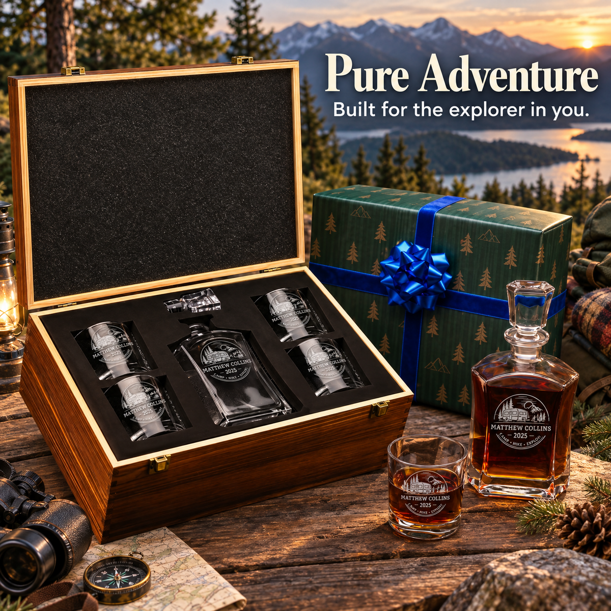 Gift for Outdoorsmen – Slick Decanter Set with 4 Glasses & Wooden Box product image