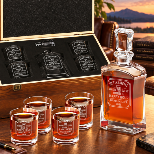 Retirement Gift – Slick Decanter Set with 4 Glasses & Wooden Box – image 01