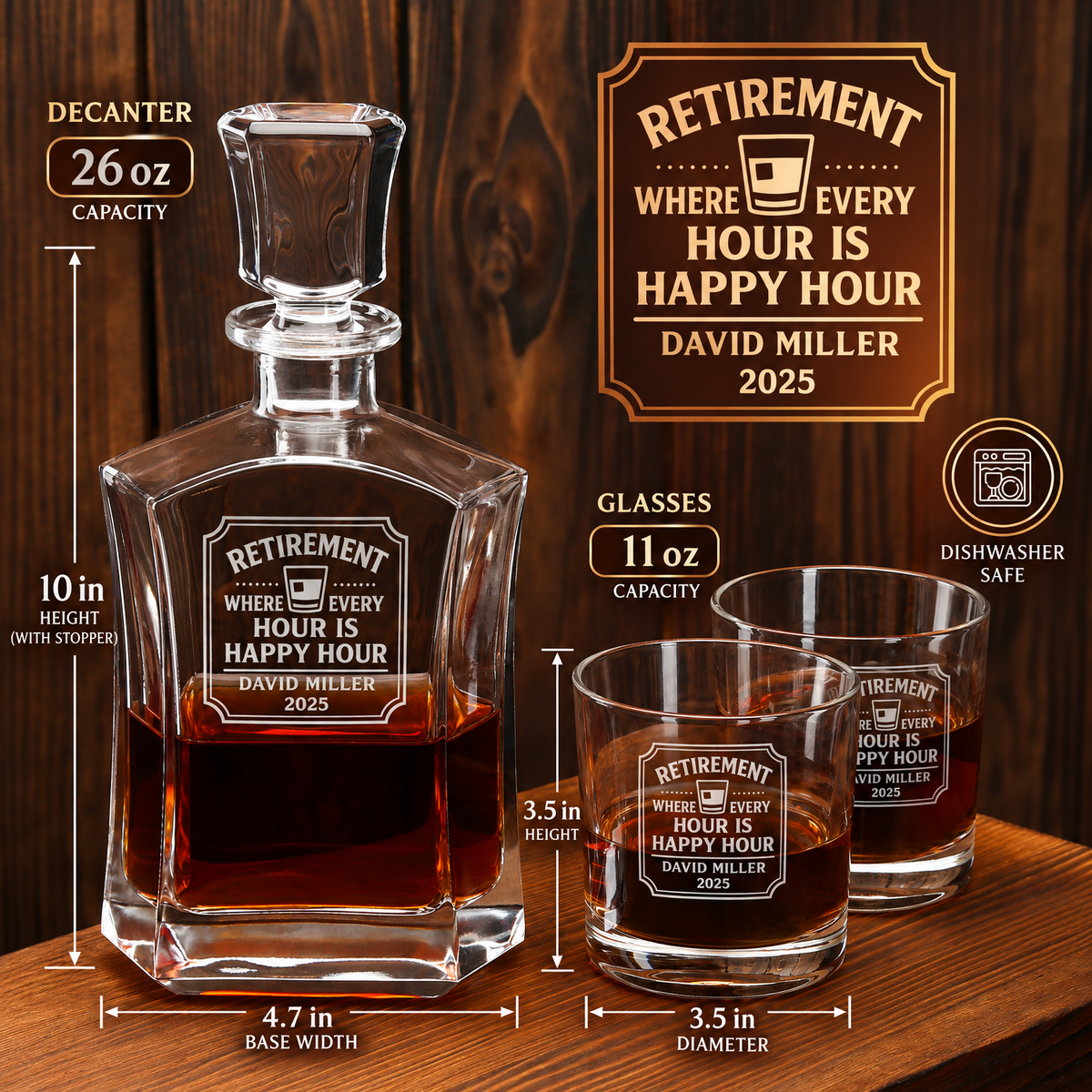 Retirement Gift – Slick Decanter Set with 4 Glasses & Wooden Box – image 02