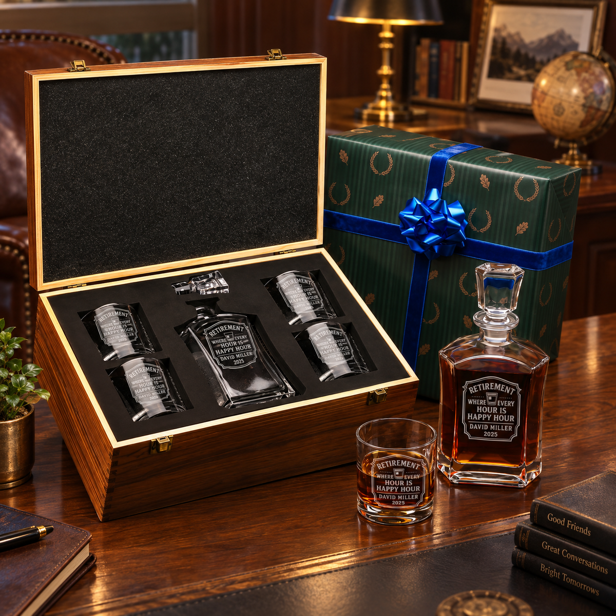 Retirement Gift – Slick Decanter Set with 4 Glasses & Wooden Box – image 04