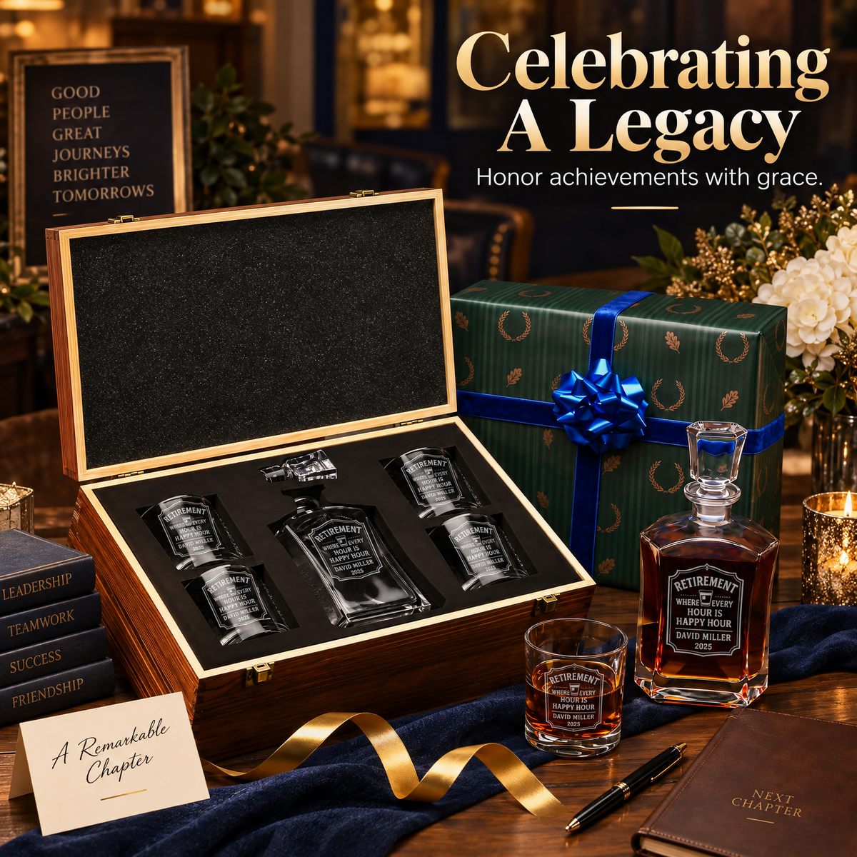 Retirement Gift – Slick Decanter Set with 4 Glasses & Wooden Box – image 12