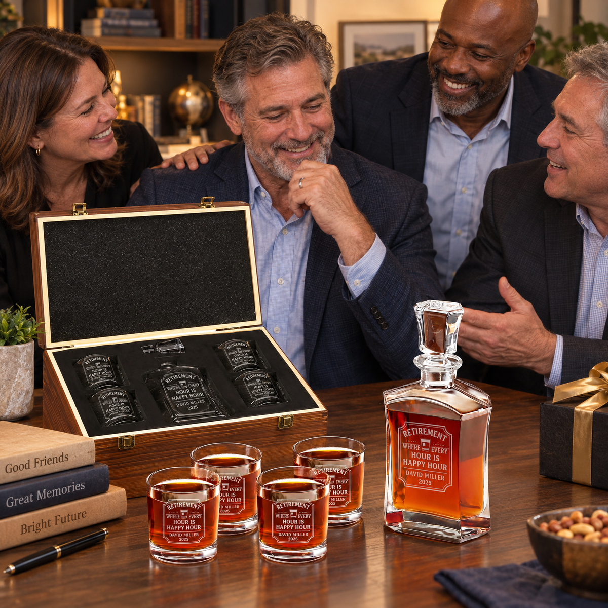 Retirement Gift – Slick Decanter Set with 4 Glasses & Wooden Box product image
