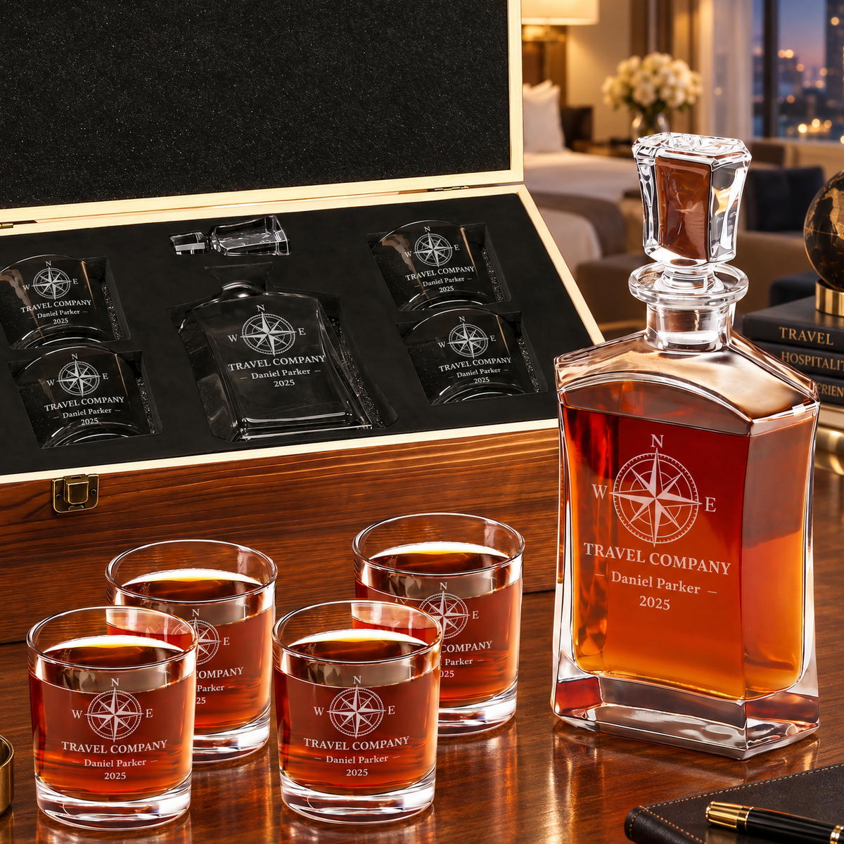Travel & Hospitality Company Gifts – Slick Decanter Set with 4 Glasses & Wooden Box – image 01