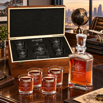 Travel & Hospitality Company Gifts – Slick Decanter Set with 4 Glasses & Wooden Box – image 10