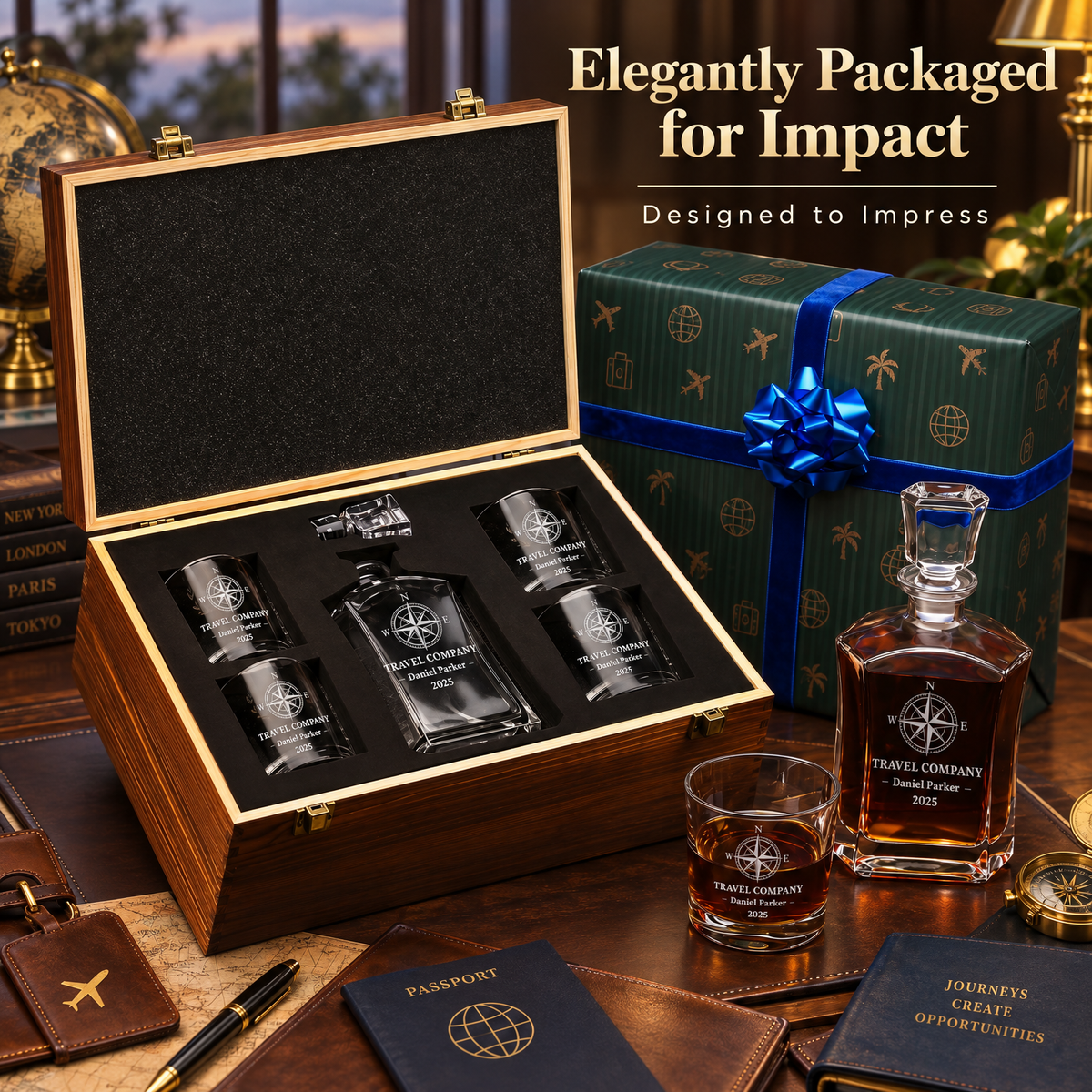 Travel & Hospitality Company Gifts – Slick Decanter Set with 4 Glasses & Wooden Box – image 12