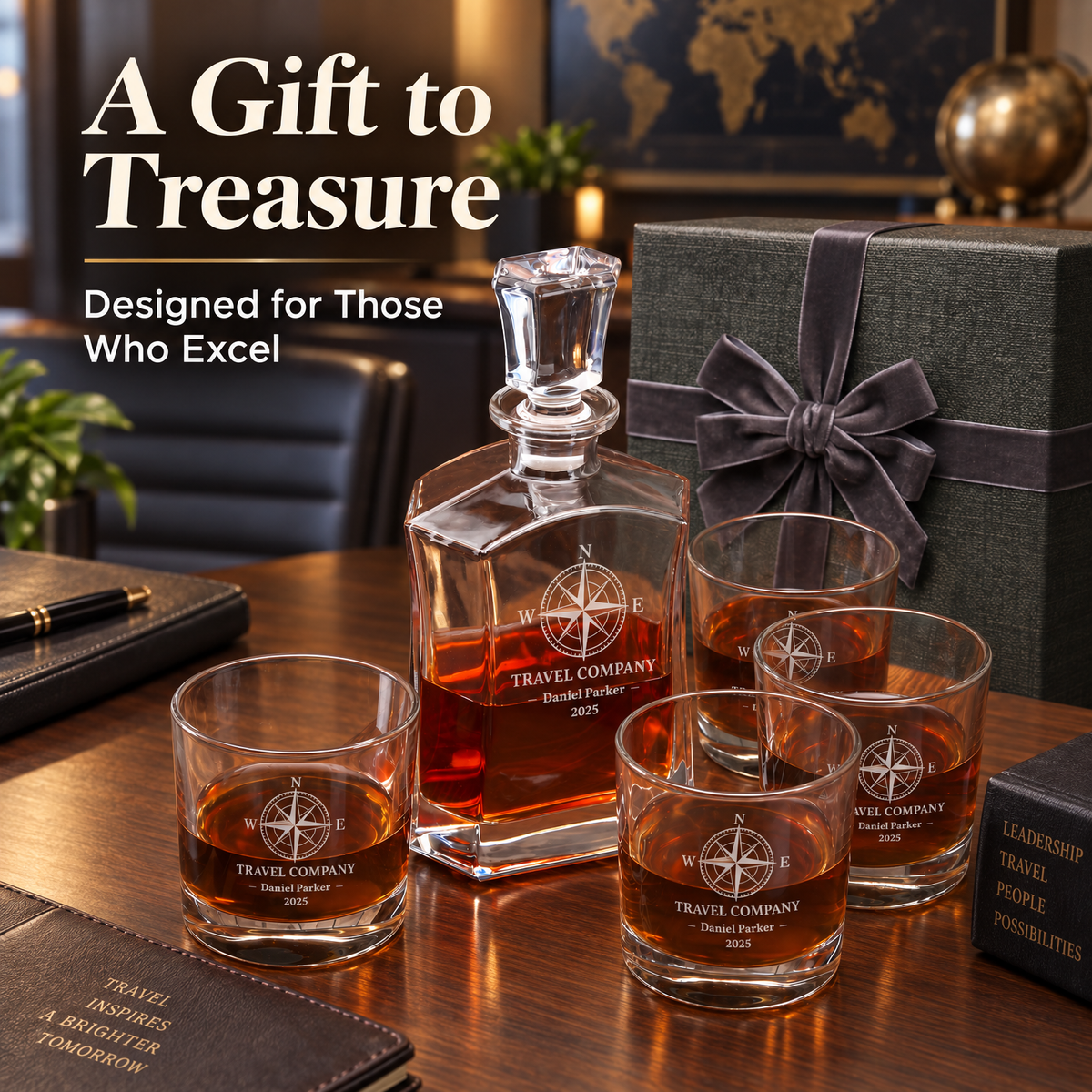 Travel & Hospitality Company Gifts – Slick Decanter Set with 4 Glasses & Wooden Box – image 14