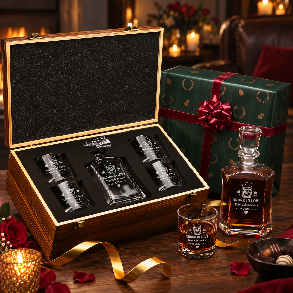 Valentine's Day Gift – Slick Decanter Set with 4 Glasses & Wooden Box – image 04