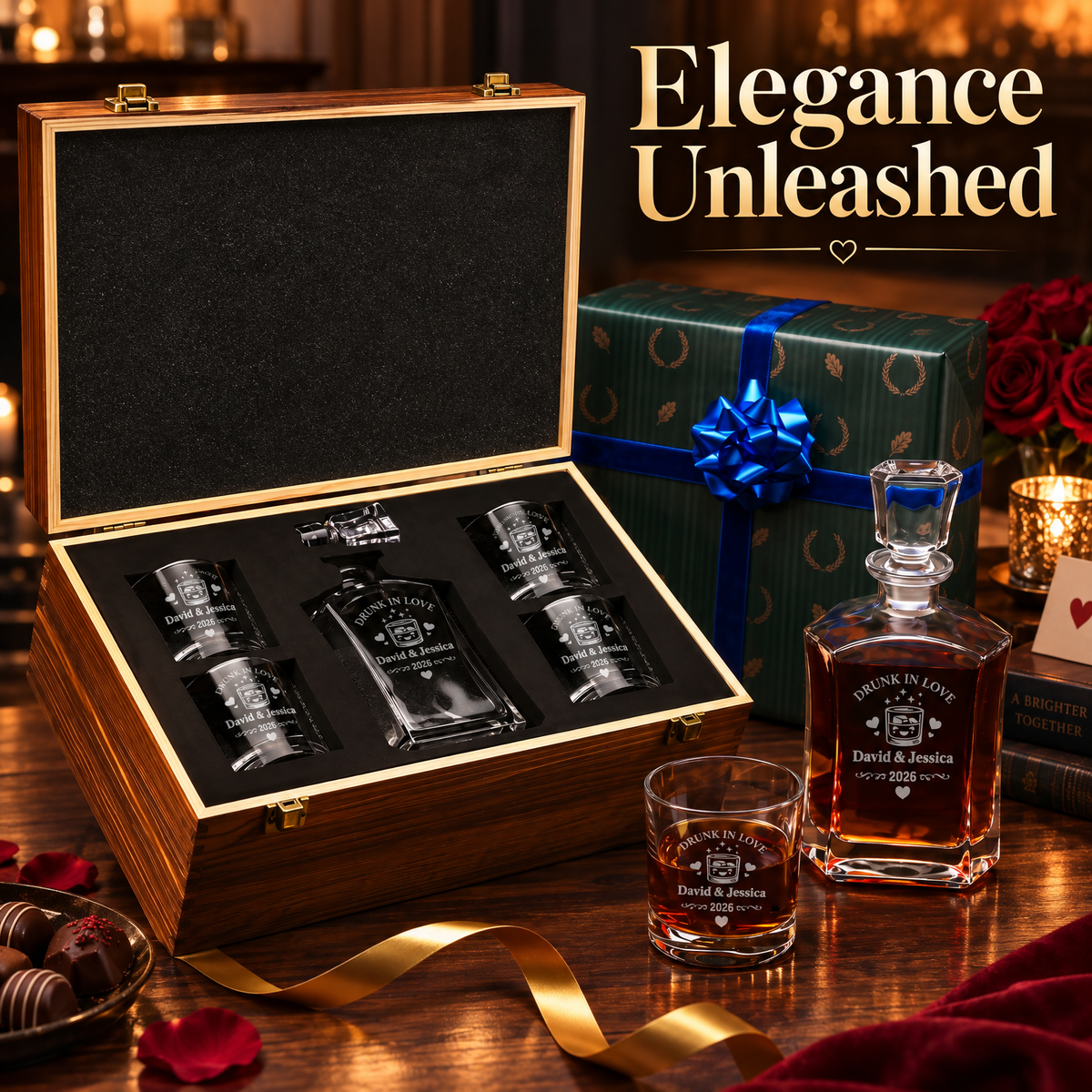 Valentine's Day Gift – Slick Decanter Set with 4 Glasses & Wooden Box – image 12