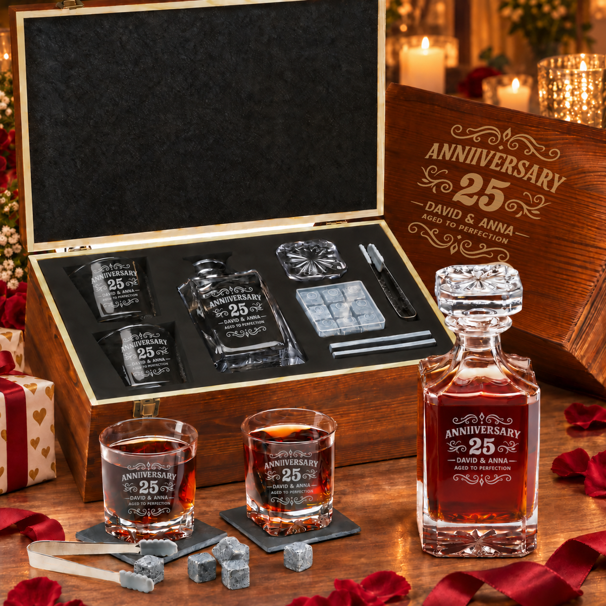 Anniversary Gift – Square Decanter Set with 2 Glasses, 9 Whiskey Stones & Wooden Box – image 01