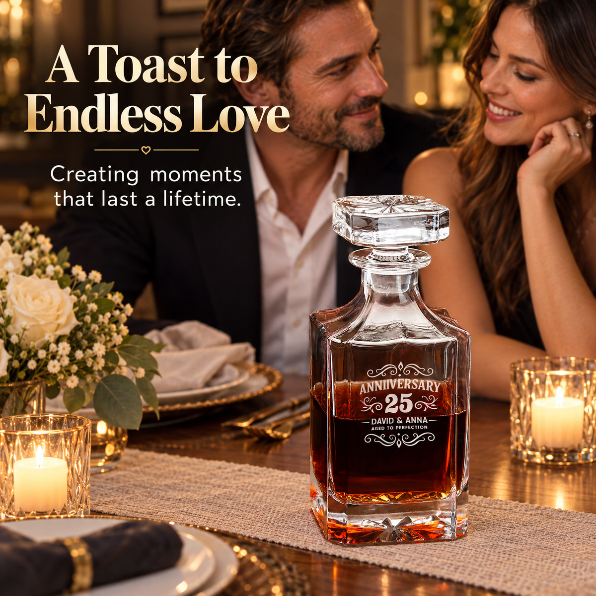 Anniversary Gift – Square Decanter Set with 2 Glasses, 9 Whiskey Stones & Wooden Box – image 03