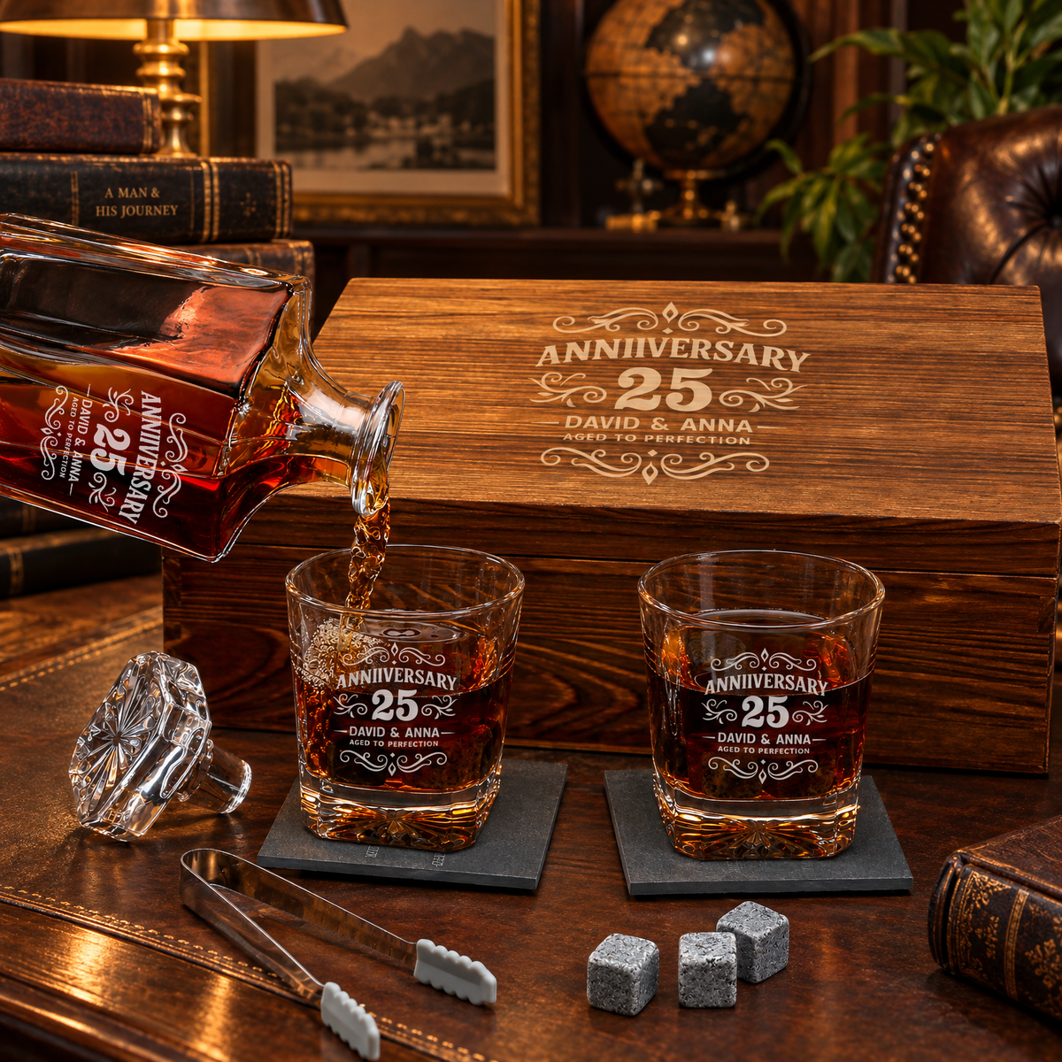 Anniversary Gift – Square Decanter Set with 2 Glasses, 9 Whiskey Stones & Wooden Box – image 04