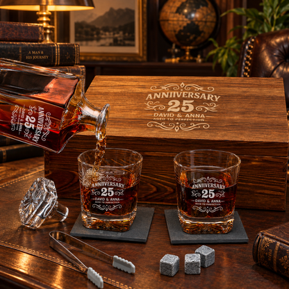 Anniversary Gift – Square Decanter Set with 2 Glasses, 9 Whiskey Stones & Wooden Box – image 04