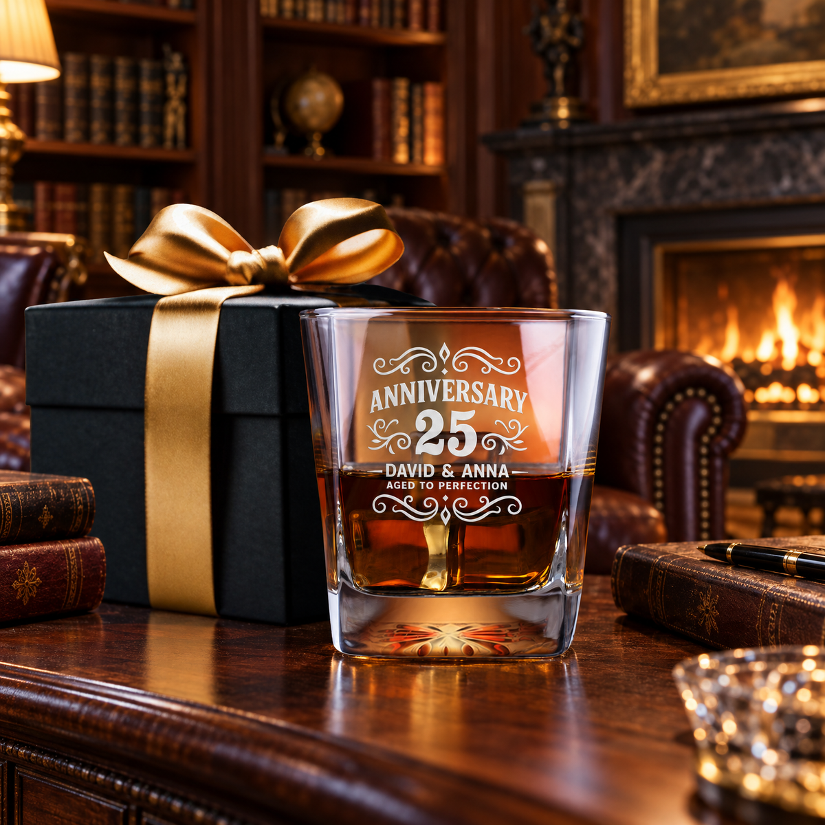 Anniversary Gift – Square Decanter Set with 2 Glasses, 9 Whiskey Stones & Wooden Box product image