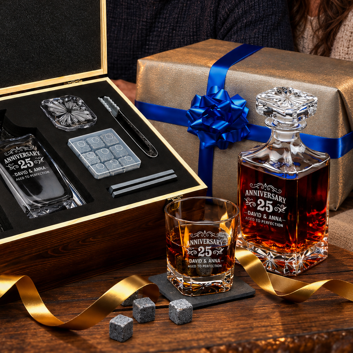 Anniversary Gift – Square Decanter Set with 2 Glasses, 9 Whiskey Stones & Wooden Box – image 07