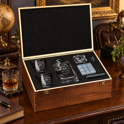 Anniversary Gift – Square Decanter Set with 2 Glasses, 9 Whiskey Stones & Wooden Box – image 10
