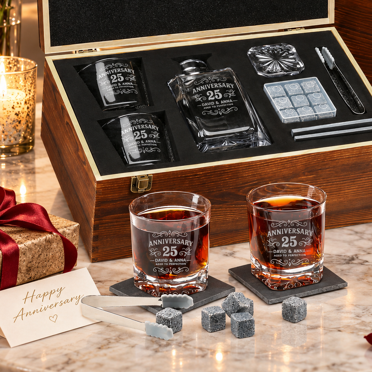 Anniversary Gift – Square Decanter Set with 2 Glasses, 9 Whiskey Stones & Wooden Box product image