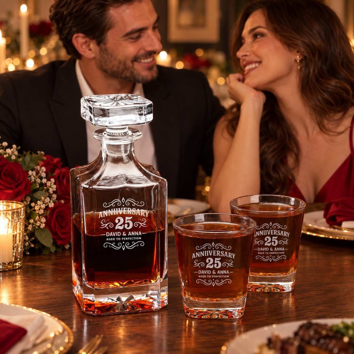 Anniversary Gift – Square Decanter Set with 2 Glasses, 9 Whiskey Stones & Wooden Box product image