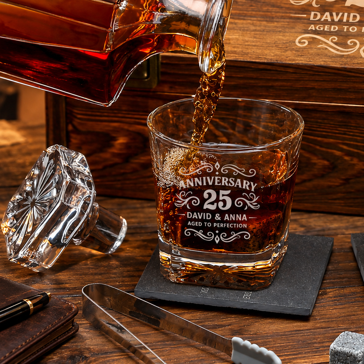 Anniversary Gift – Square Decanter Set with 2 Glasses, 9 Whiskey Stones & Wooden Box – image 14