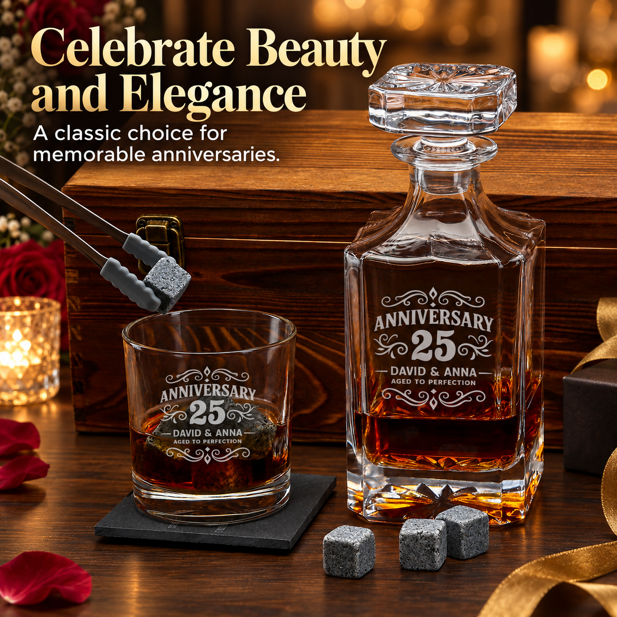 Anniversary Gift – Square Decanter Set with 2 Glasses, 9 Whiskey Stones & Wooden Box product image