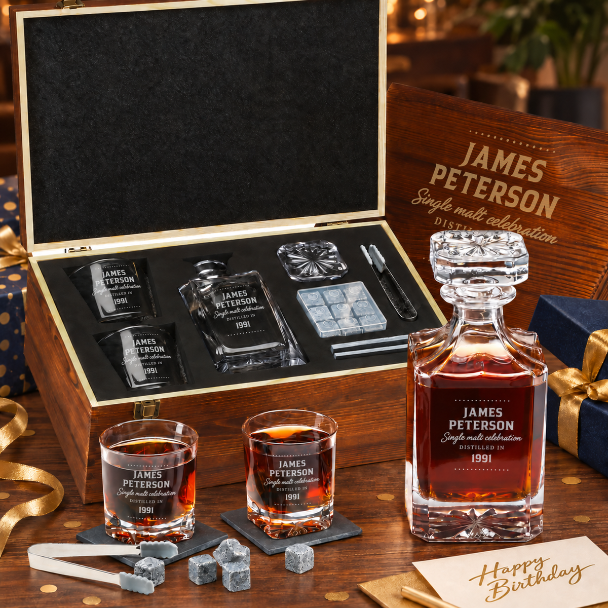 Birthday Gift – Square Decanter Set with 2 Glasses, 9 Whiskey Stones & Wooden Box – image 01