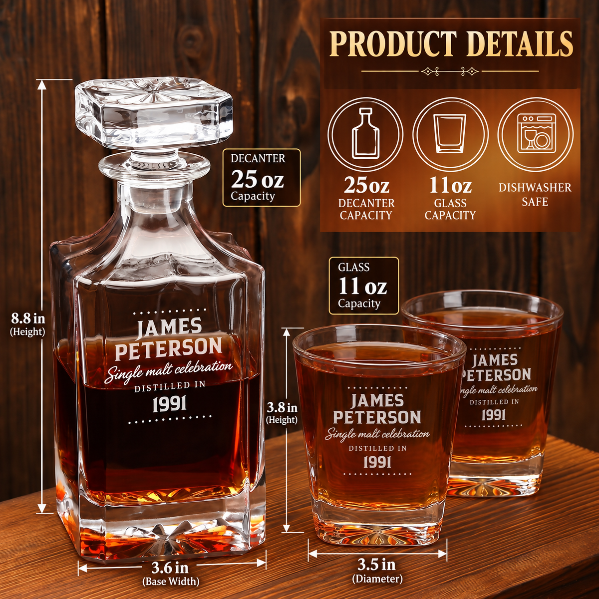 Birthday Gift – Square Decanter Set with 2 Glasses, 9 Whiskey Stones & Wooden Box product image
