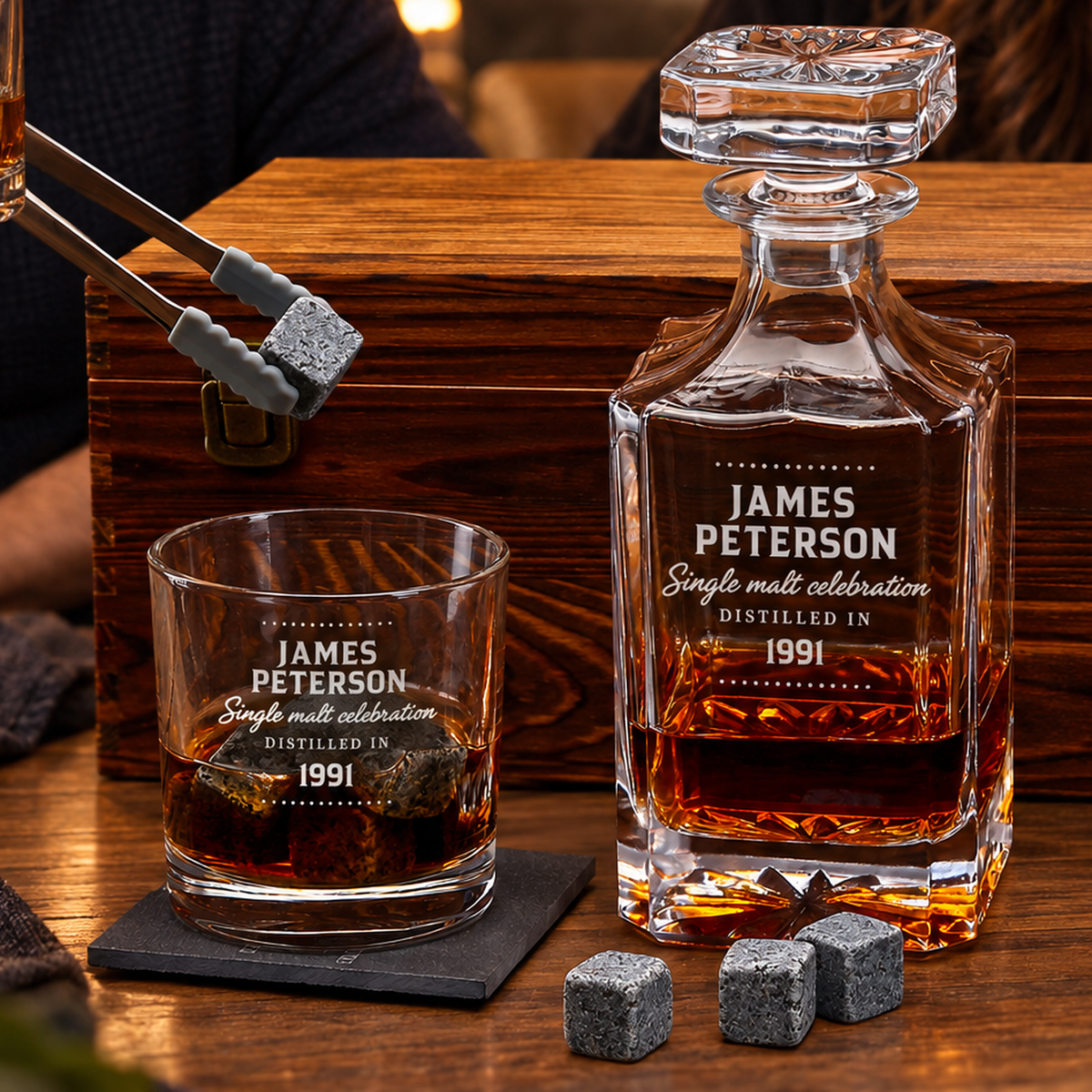 Birthday Gift – Square Decanter Set with 2 Glasses, 9 Whiskey Stones & Wooden Box – image 05