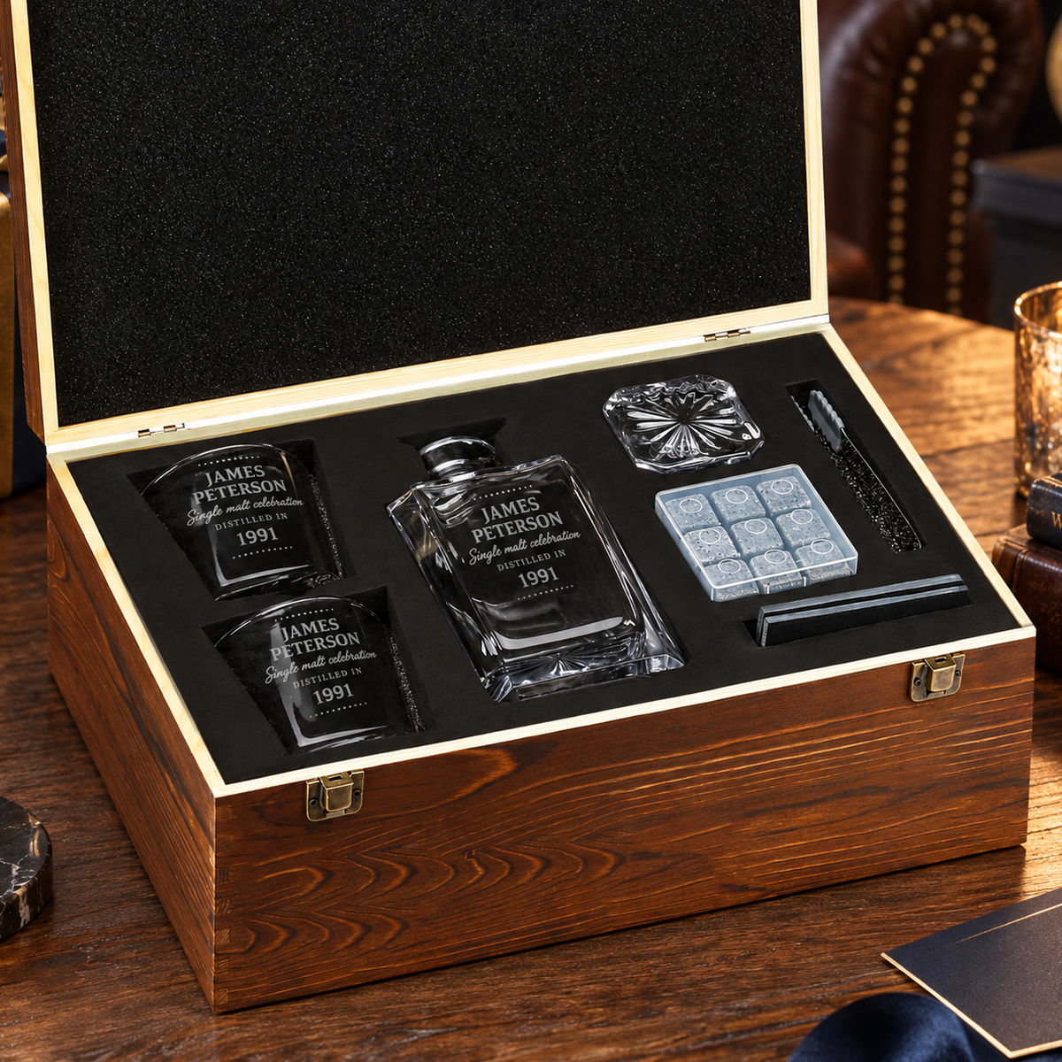Birthday Gift – Square Decanter Set with 2 Glasses, 9 Whiskey Stones & Wooden Box – image 10