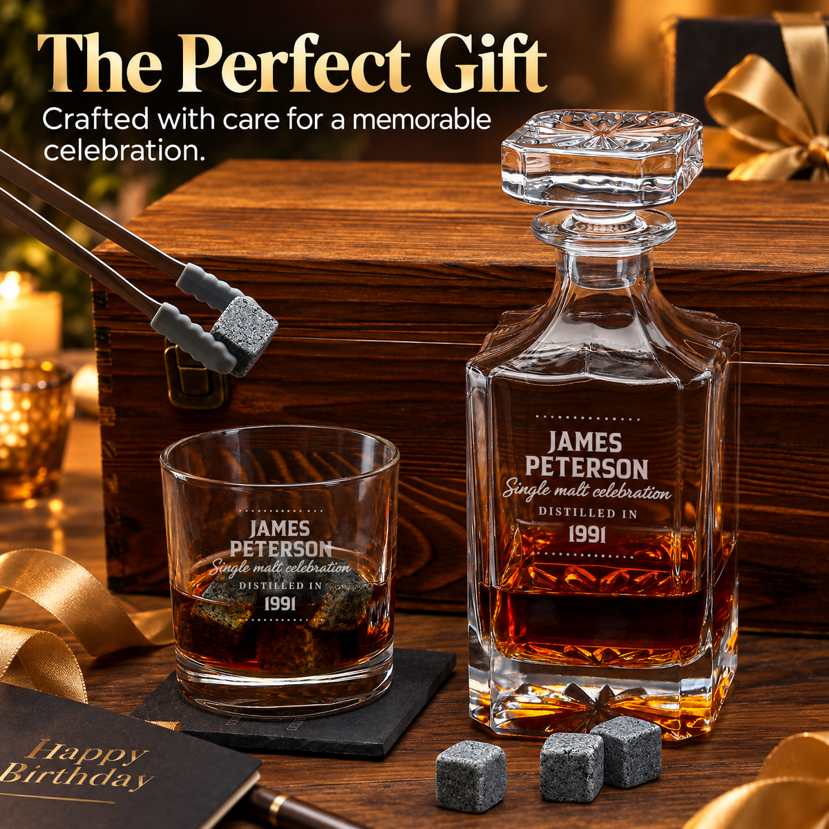 Birthday Gift – Square Decanter Set with 2 Glasses, 9 Whiskey Stones & Wooden Box product image