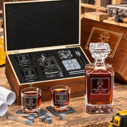 Construction Company Gifts – Square Decanter Set with 2 Glasses, 9 Whiskey Stones & Wooden Box – image 01