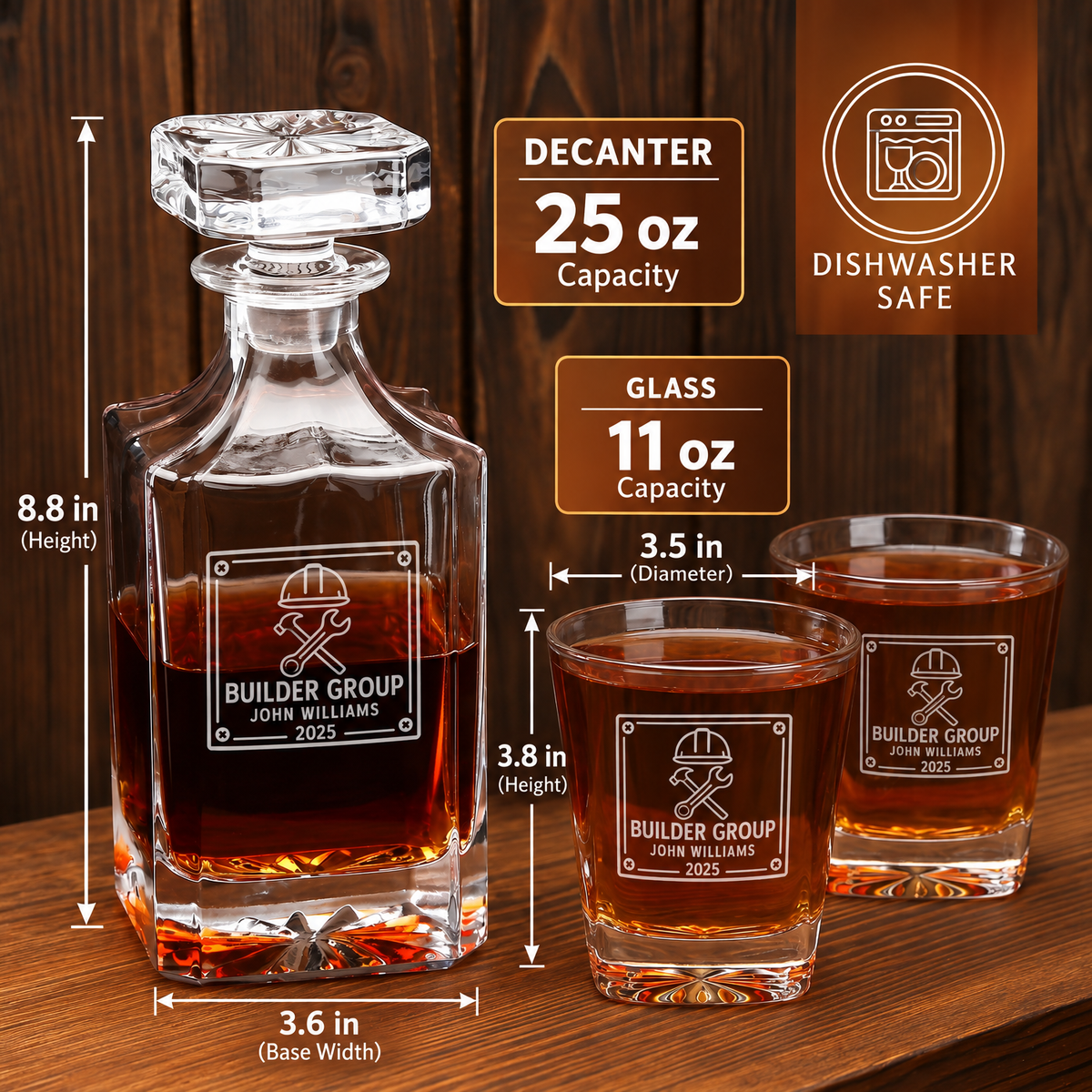 Construction Company Gifts – Square Decanter Set with 2 Glasses, 9 Whiskey Stones & Wooden Box product image