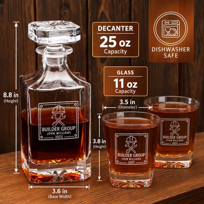 Construction Company Gifts – Square Decanter Set with 2 Glasses, 9 Whiskey Stones & Wooden Box – image 02