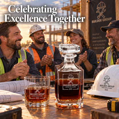 Construction Company Gifts – Square Decanter Set with 2 Glasses, 9 Whiskey Stones & Wooden Box – image 03