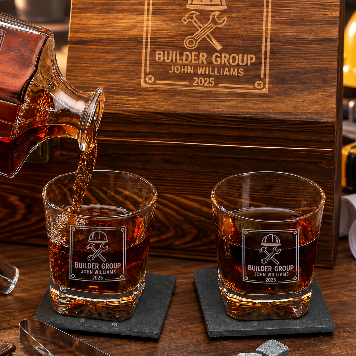 Construction Company Gifts – Square Decanter Set with 2 Glasses, 9 Whiskey Stones & Wooden Box – image 04