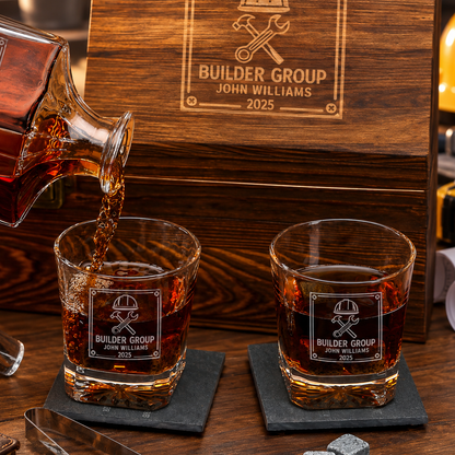 Construction Company Gifts – Square Decanter Set with 2 Glasses, 9 Whiskey Stones & Wooden Box – image 04