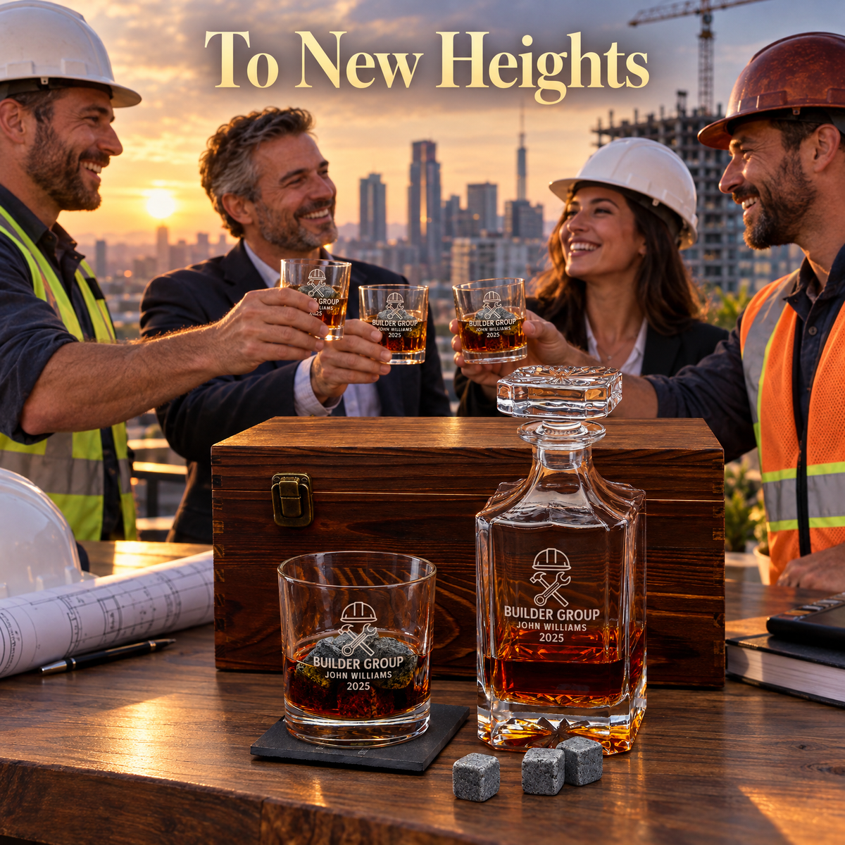Construction Company Gifts – Square Decanter Set with 2 Glasses, 9 Whiskey Stones & Wooden Box product image