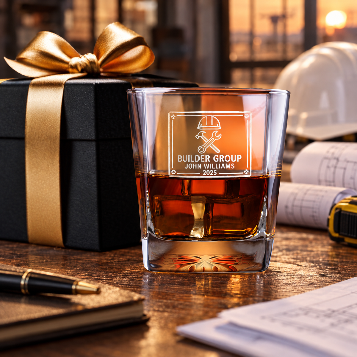 Construction Company Gifts – Square Decanter Set with 2 Glasses, 9 Whiskey Stones & Wooden Box product image