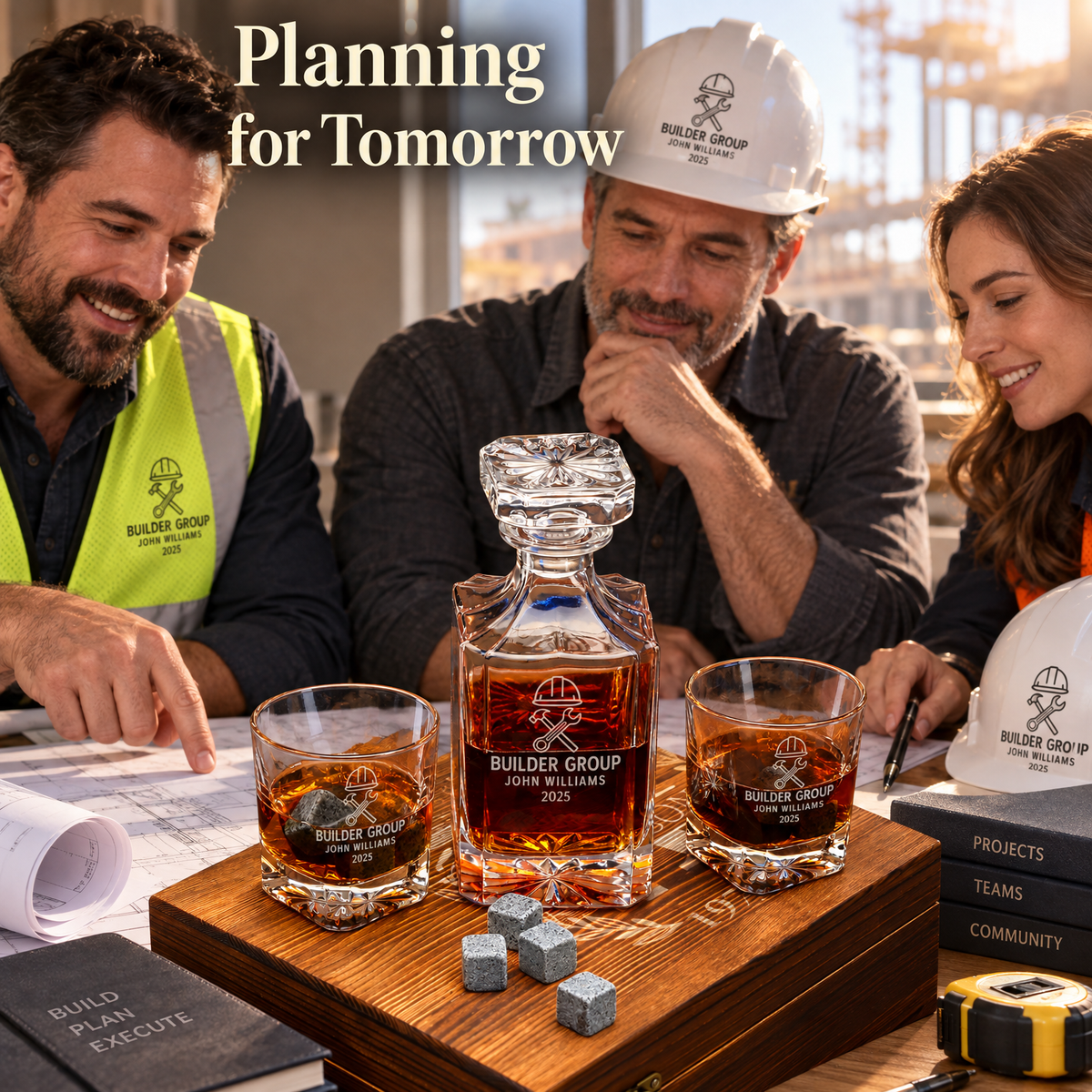 Construction Company Gifts – Square Decanter Set with 2 Glasses, 9 Whiskey Stones & Wooden Box product image