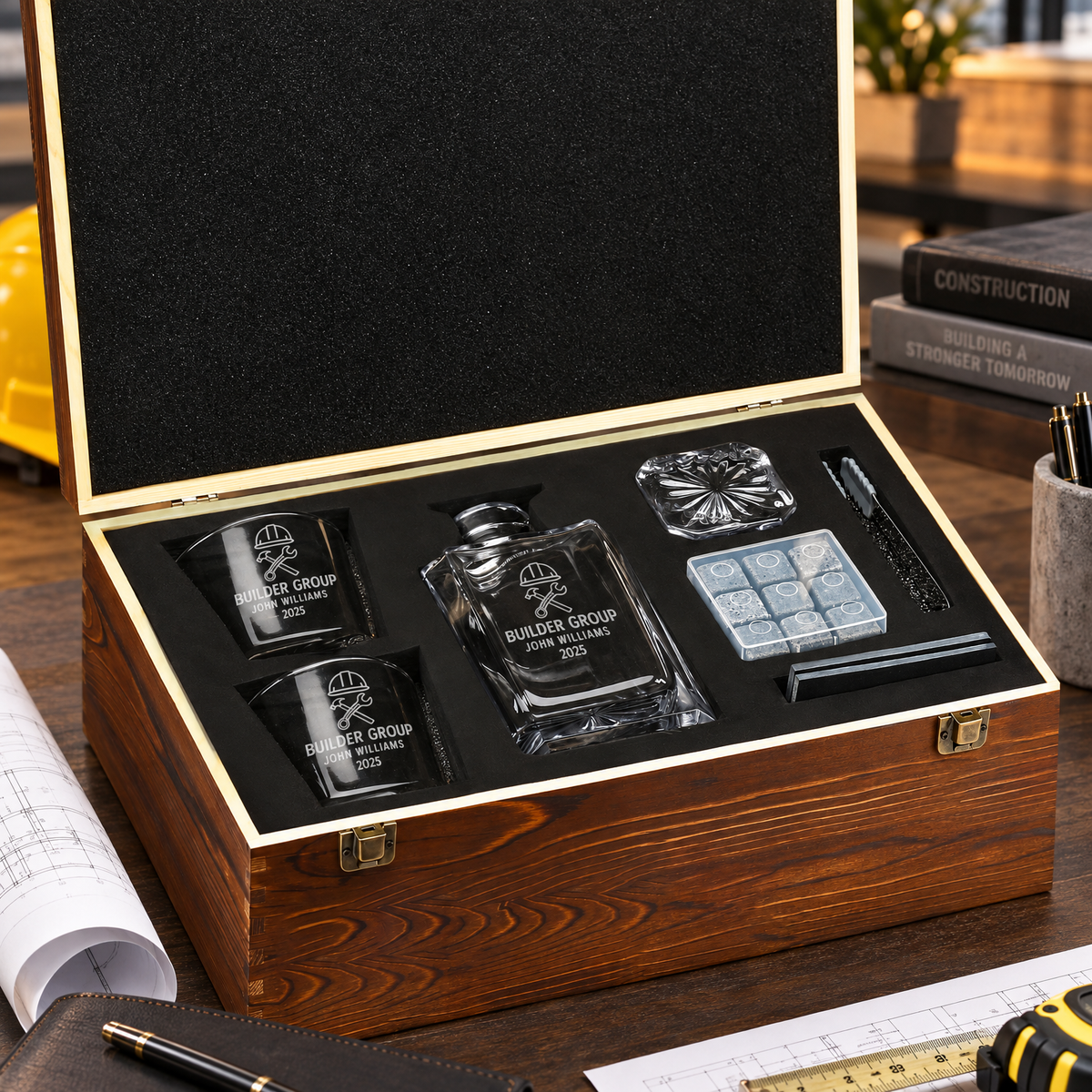 Construction Company Gifts – Square Decanter Set with 2 Glasses, 9 Whiskey Stones & Wooden Box – image 10