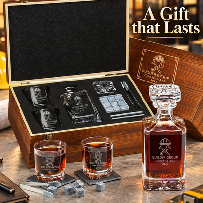 Construction Company Gifts – Square Decanter Set with 2 Glasses, 9 Whiskey Stones & Wooden Box – image 12
