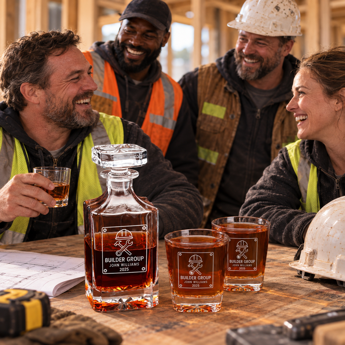 Construction Company Gifts – Square Decanter Set with 2 Glasses, 9 Whiskey Stones & Wooden Box product image