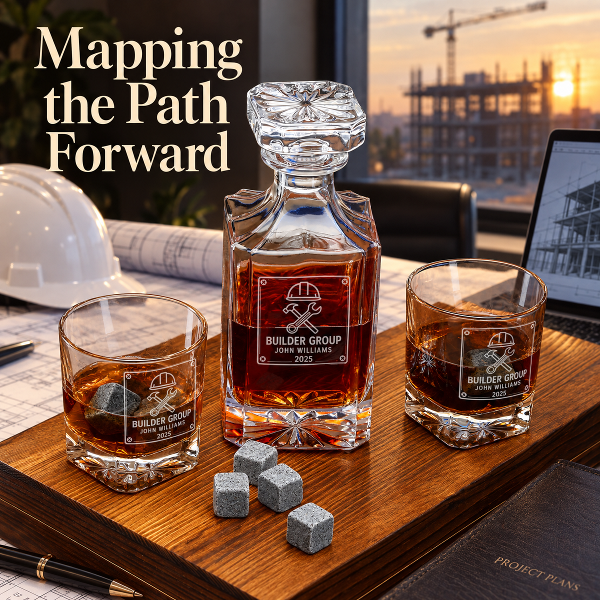 Construction Company Gifts – Square Decanter Set with 2 Glasses, 9 Whiskey Stones & Wooden Box – image 16