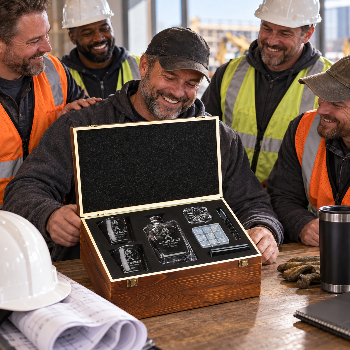 Construction Company Gifts – Square Decanter Set with 2 Glasses, 9 Whiskey Stones & Wooden Box – image 17