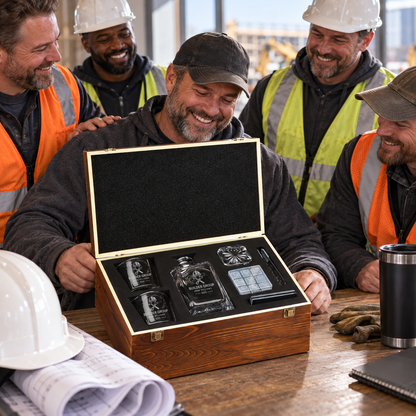 Construction Company Gifts – Square Decanter Set with 2 Glasses, 9 Whiskey Stones & Wooden Box – image 17