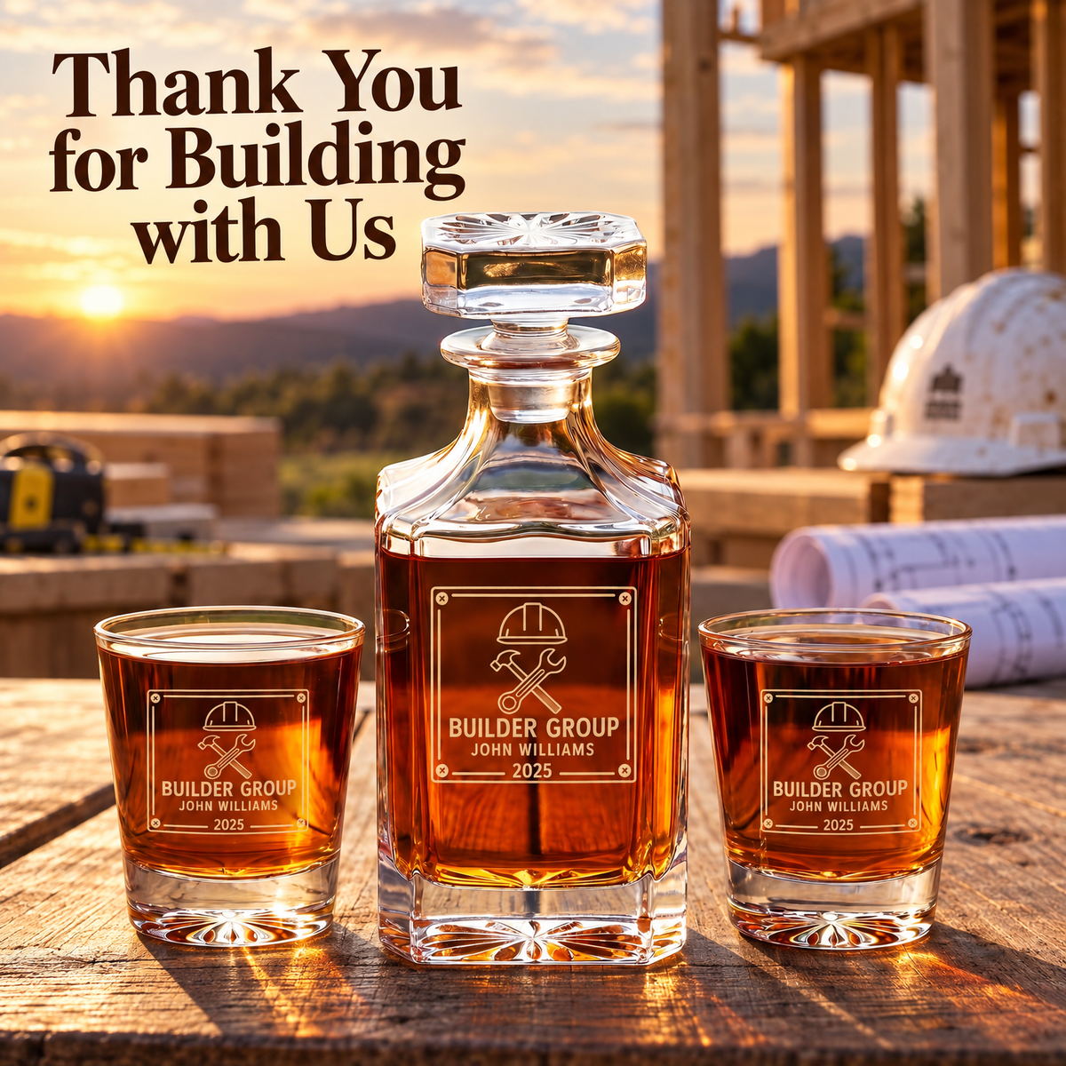 Construction Company Gifts – Square Decanter Set with 2 Glasses, 9 Whiskey Stones & Wooden Box product image