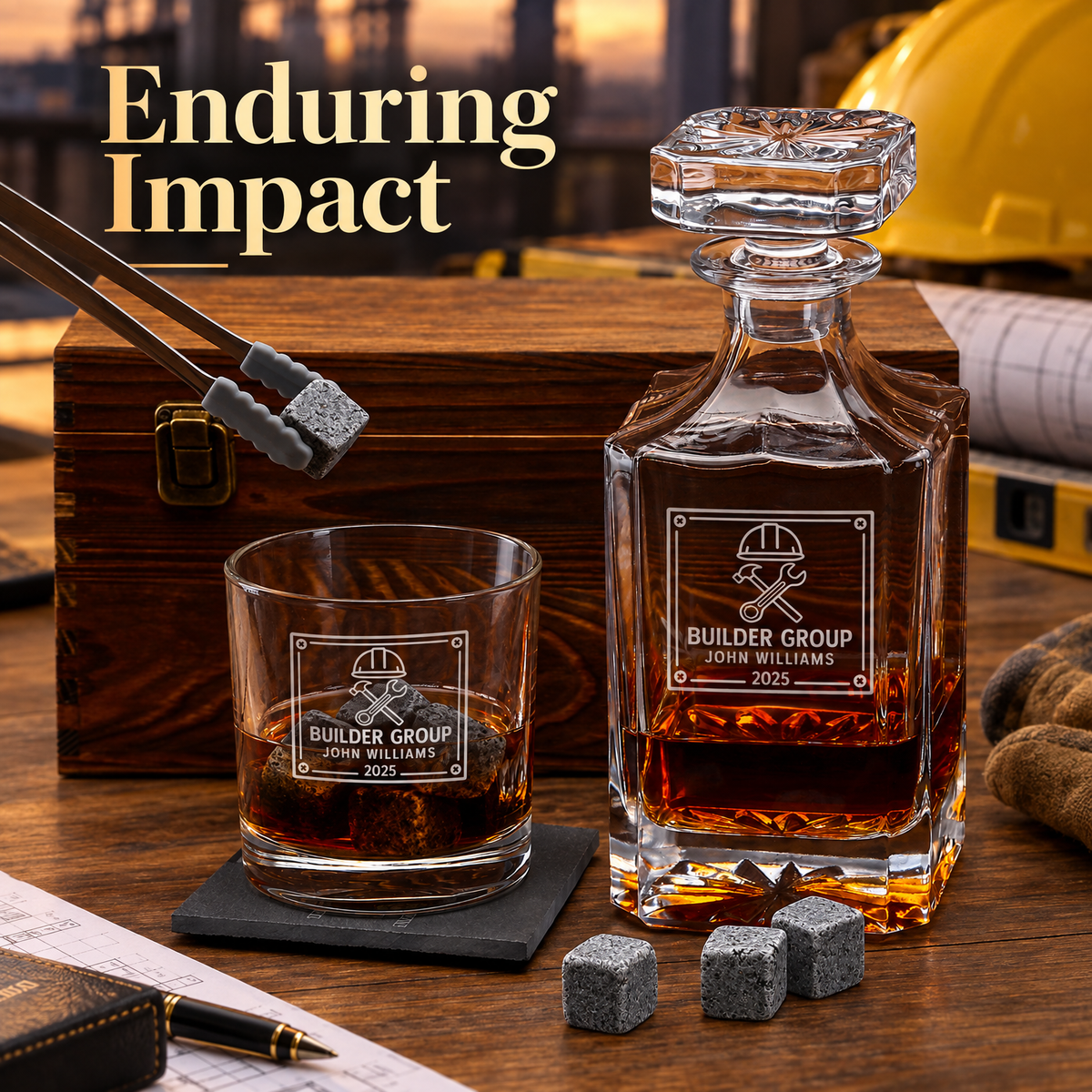 Construction Company Gifts – Square Decanter Set with 2 Glasses, 9 Whiskey Stones & Wooden Box product image